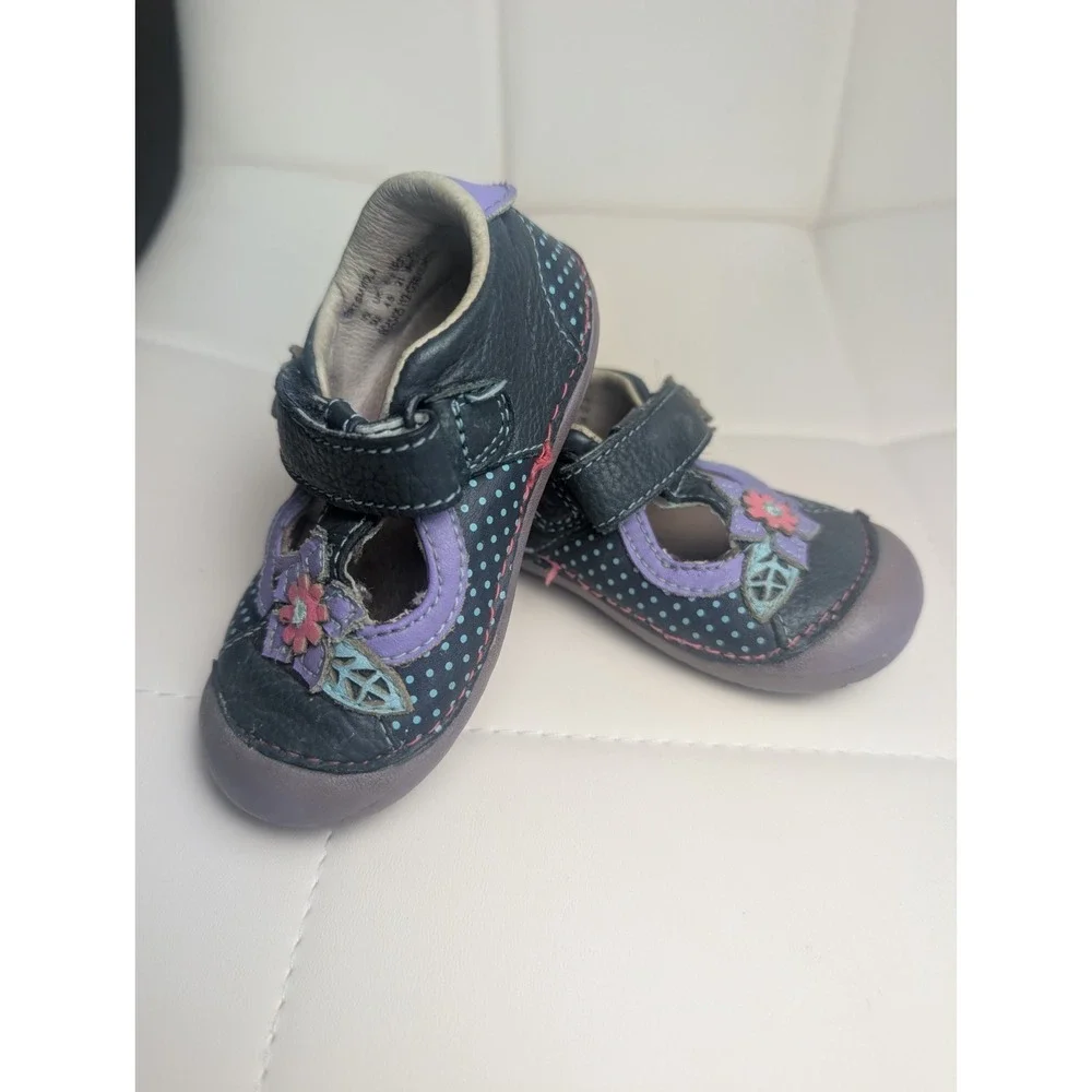 Stride Rite Toddler Girls Leather Floral Mary Jane Shoes Purple Hook & Loop Sz 5